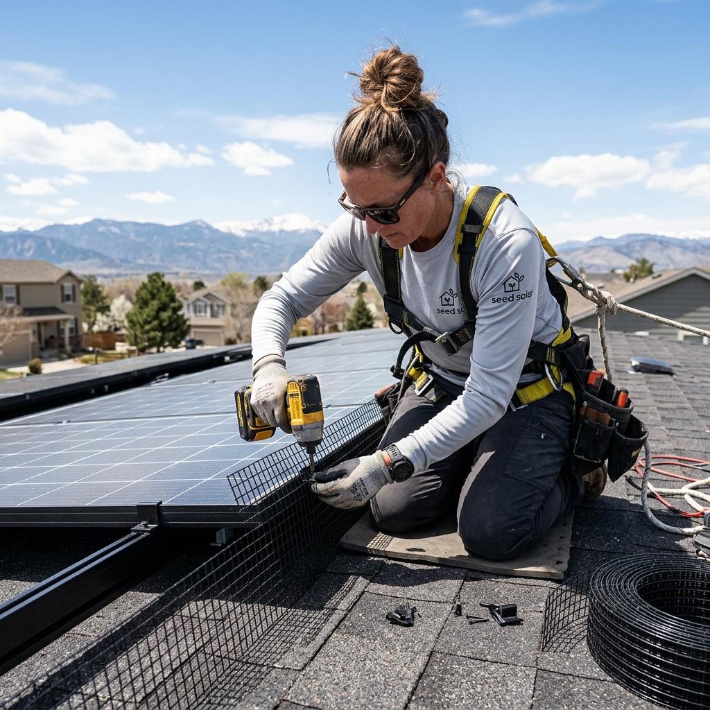 Critter guard mesh being installed around residential solar panels