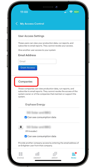 Enphase App My Access Control screen showing the Companies section