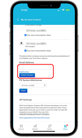 Enphase App screen with the Email Address box and Grant Access button highlighted