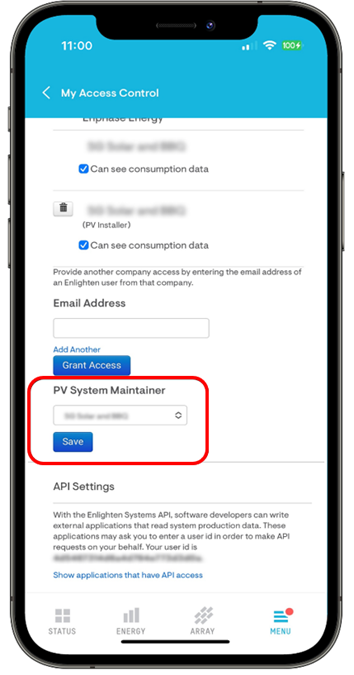 Enphase App screen showing the PV System Maintainer drop-down and Save button