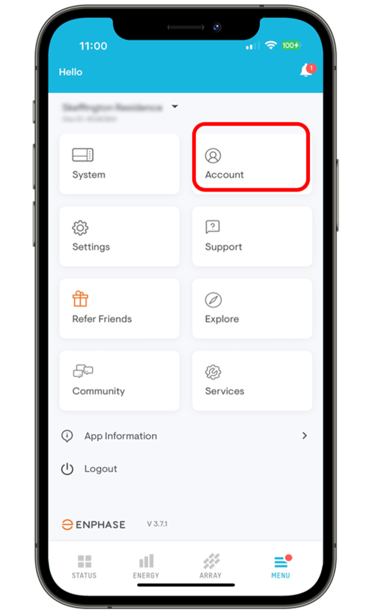 Enphase App Menu screen with the Account tile highlighted