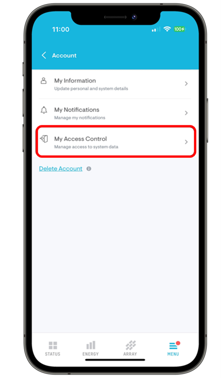 Enphase App Account screen with the My Access Control option highlighted