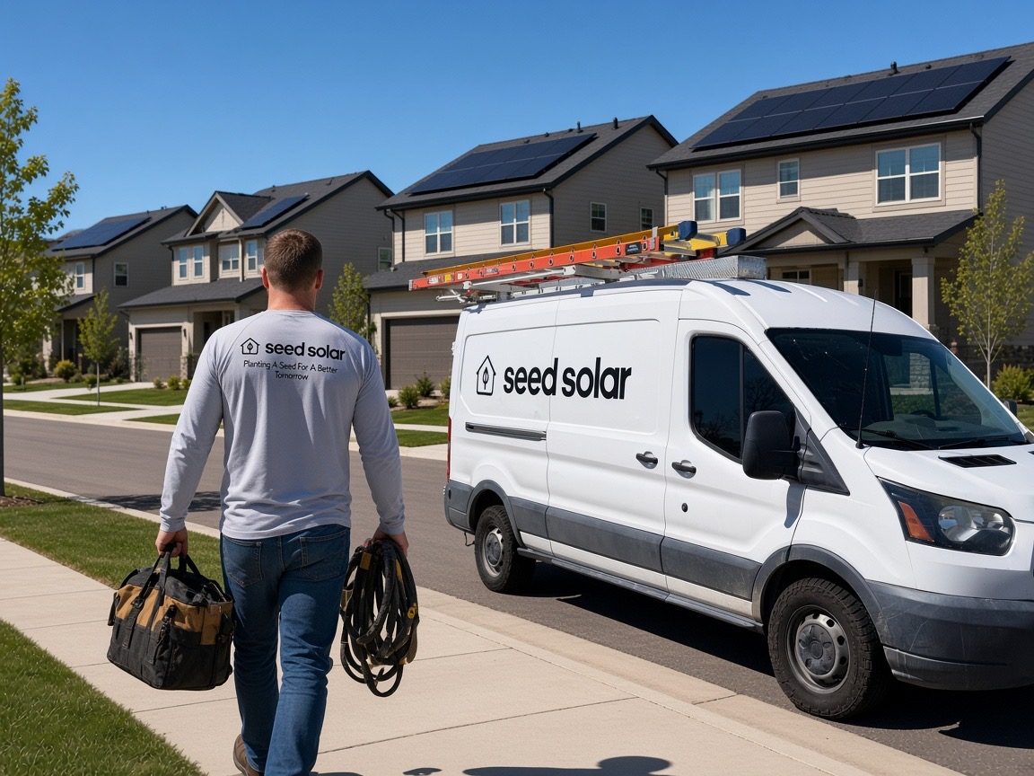 Seed Solar technician and branded service van at a neighborhood solar project