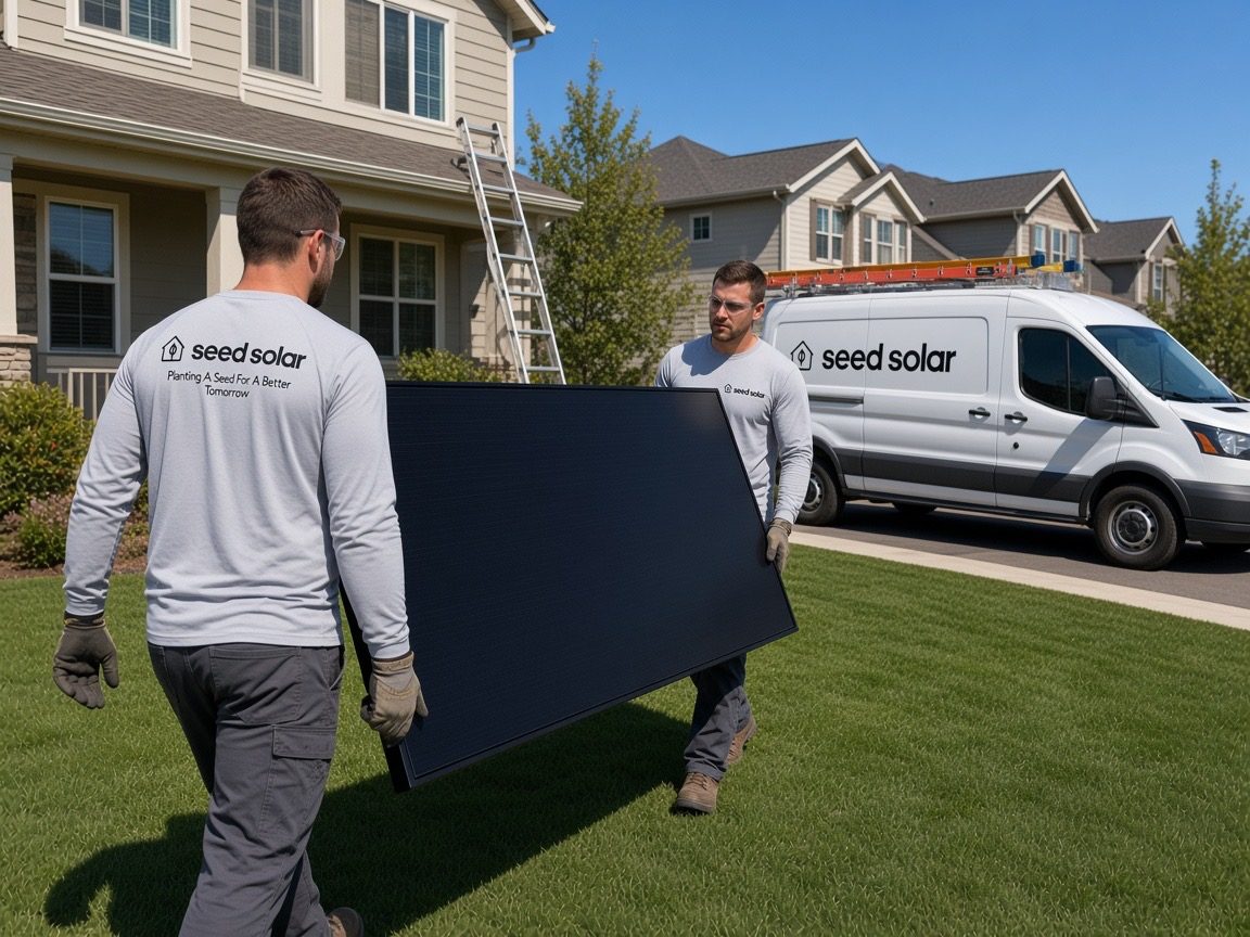 Seed Solar crew carrying a panel beside a branded service van