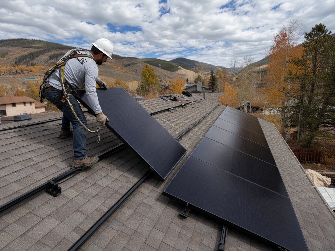 Crew member handling a solar panel on a Colorado mountain home roof