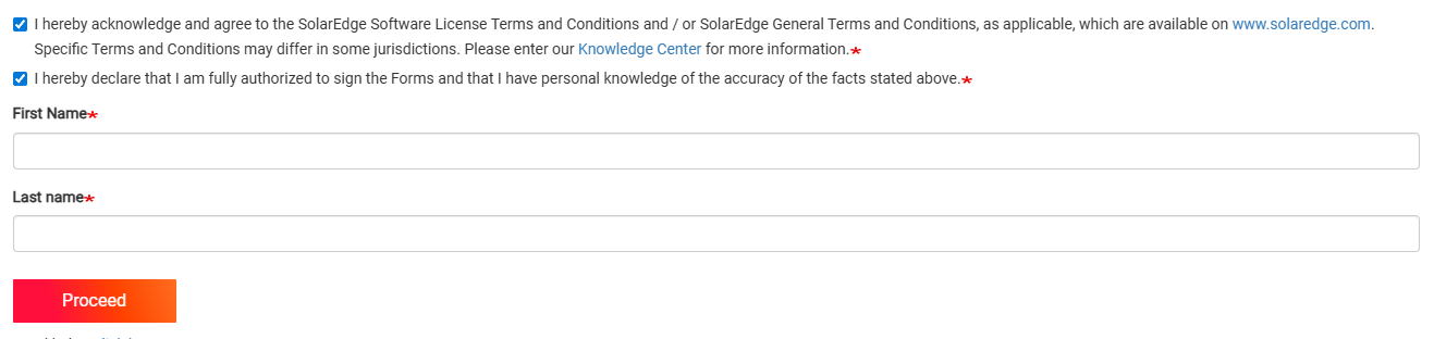 SolarEdge transfer form acknowledgment checkboxes, name fields, and Proceed button