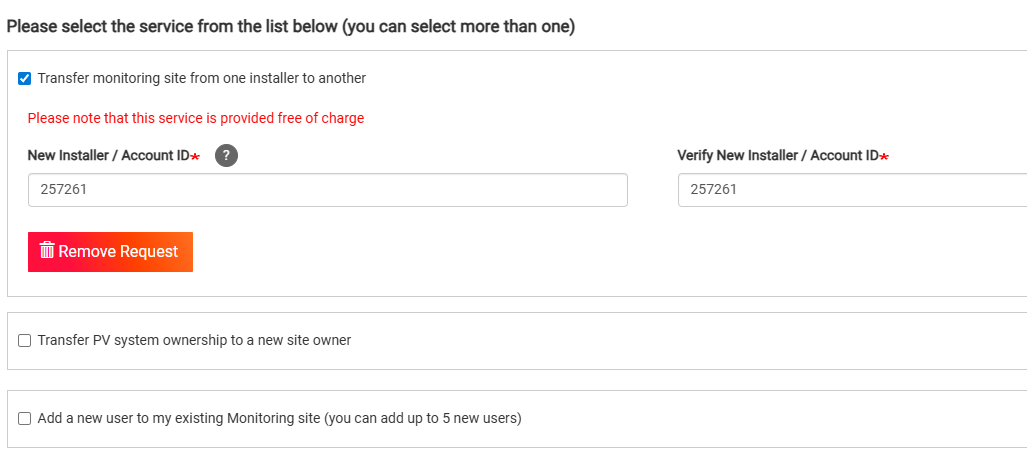 SolarEdge transfer form with Transfer monitoring site selected and Seed Solar's account ID 257261 entered